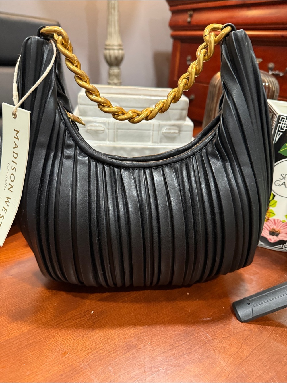 Madison West Black Pleated Shoulder Bag with Gold Chain Handle